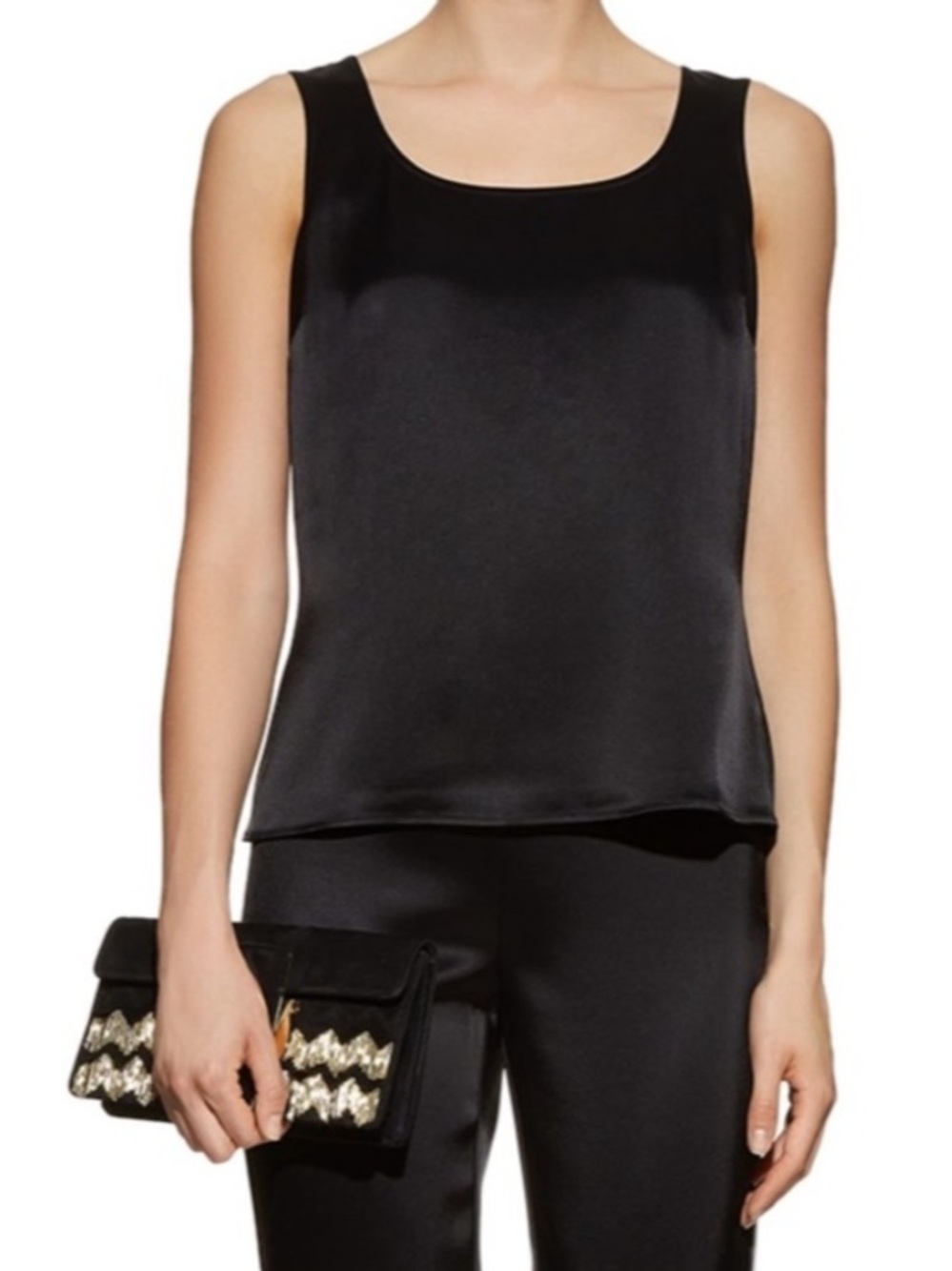 St. John Caviar Black Liquid Satin Scoop Neck Camisole